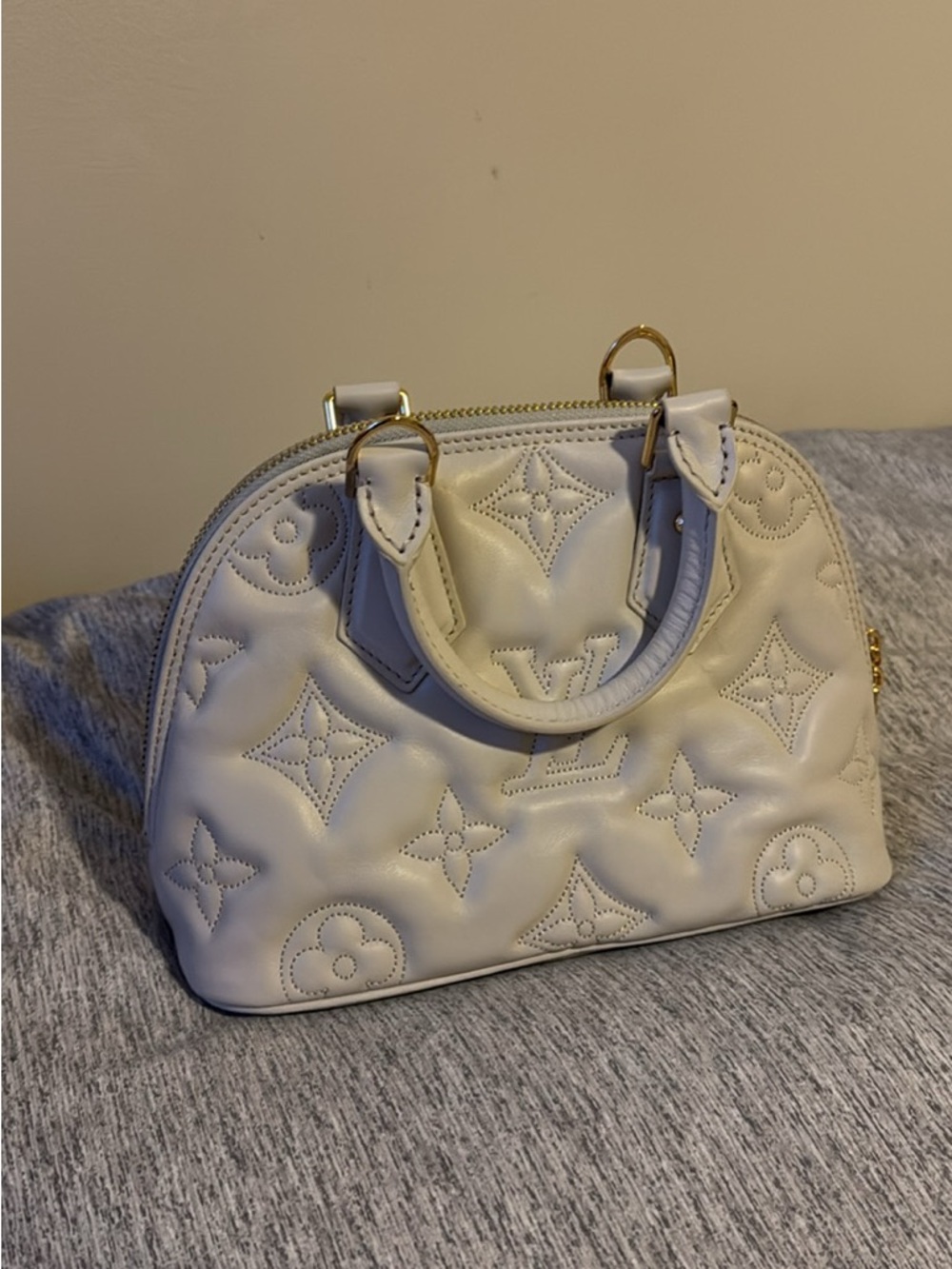 Cream Quilted Leather Satchel with Gold Hardware